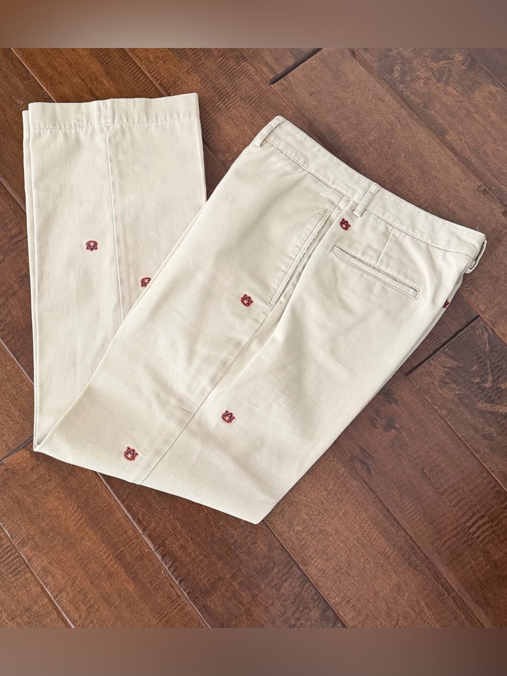 Men's Khaki Chinos with Mini Embroidered AUBURN Logos - Size 30/30